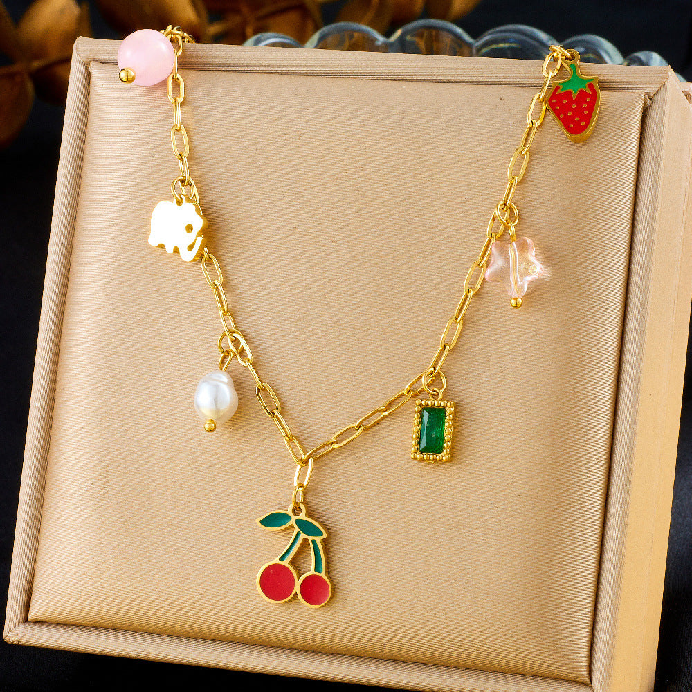 Sweet Drip Oil Stainless Steel Fruit Pendant Necklace with Pearl Cherry and Strawberry Elements for Women