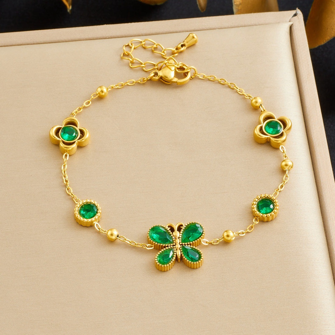 Gold Plated Stainless Steel Round Butterfly Flower Rhinestone Pendant Bracelet for Women