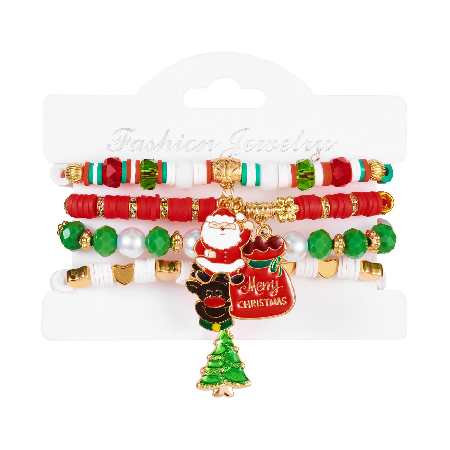 Juego de pulseras navideñas hechas a mano de arcilla polimérica para mujer, con dijes de Papá Noel, muñeco de nieve y renos en un festivo estilo navideño