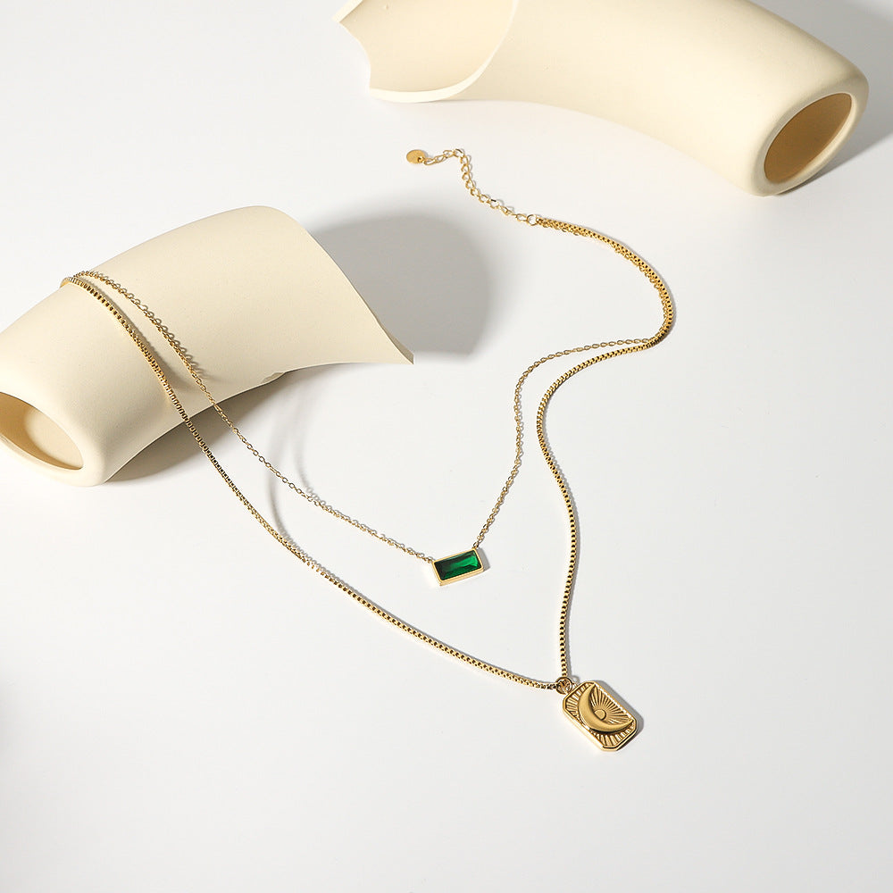 Collana Minimalista con Ciondolo Luna e Sole in Acciaio Inox Geometrico a Doppio Strato con Catena a O per Donna
