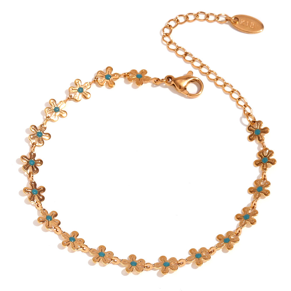 Elegante Collar Hecho a Mano para Mujer con Diseño Floral Geométrico Vintage, Acero Inoxidable con Baño de Oro de 18K y Esmalte Azul, con Pequeña Flor