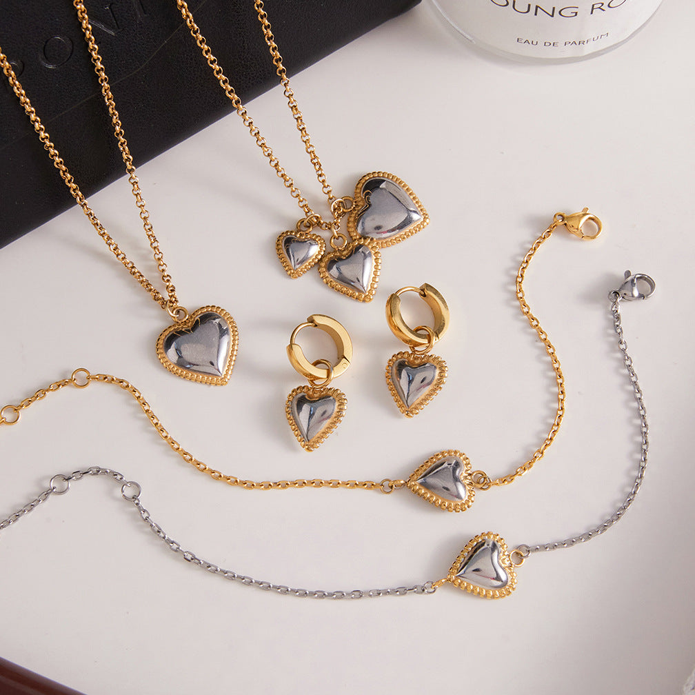 Minimalist Elegant Heart Stainless Steel and Titanium Steel Plated Necklace Earring Bracelet Set for Women