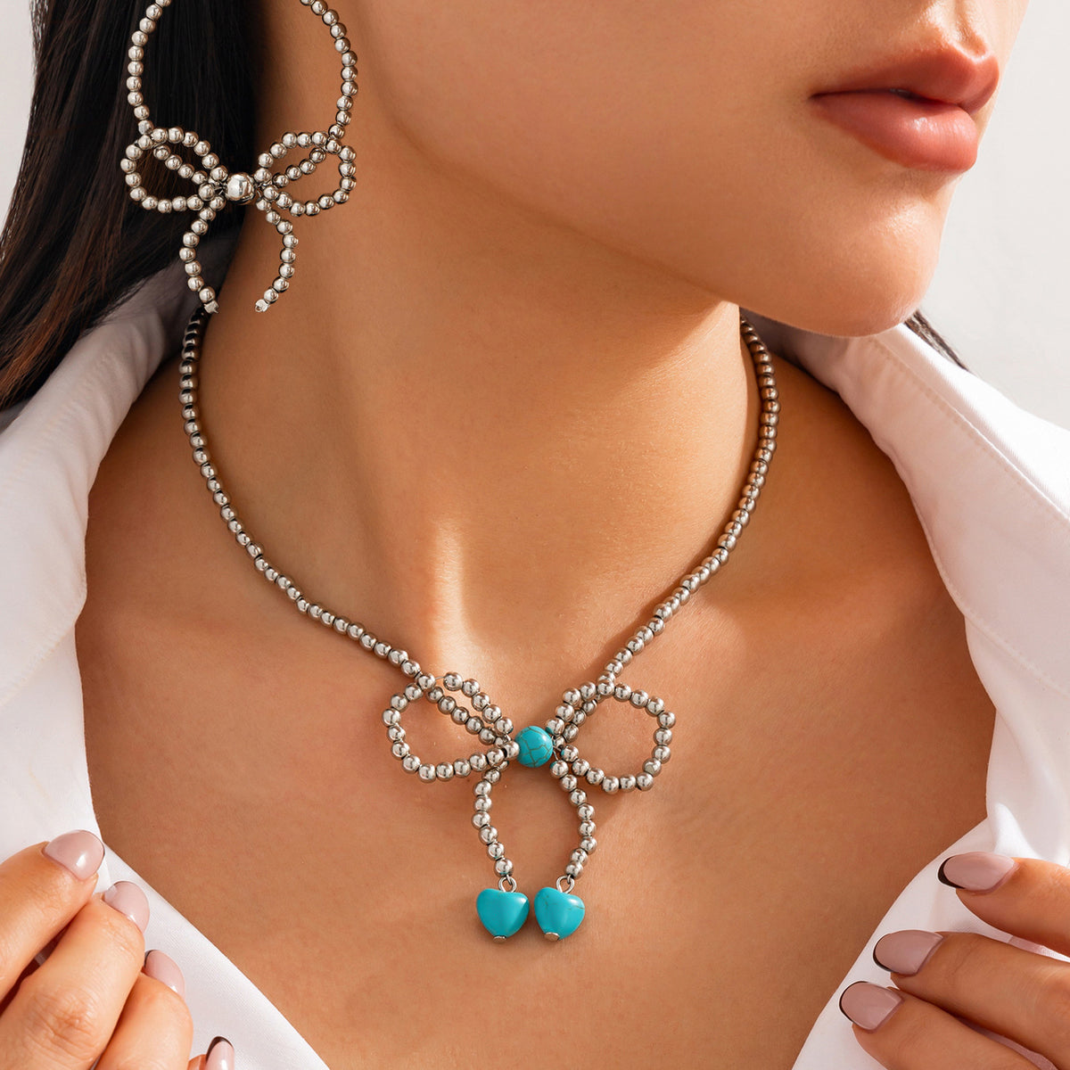 Minimalist Plated Resin Beaded Necklace with Turquoise Bow Pendant for Women