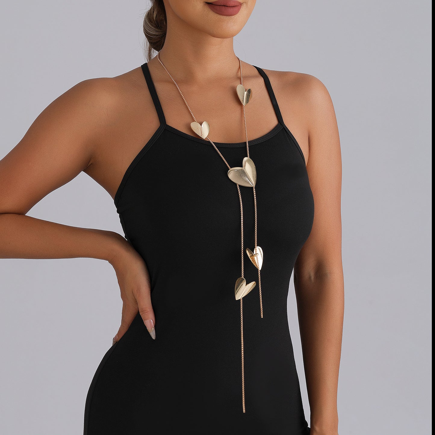 Fashion Minimalist Long Adjustable Heart-Shaped Polished Alloy Pendant Necklace for Women