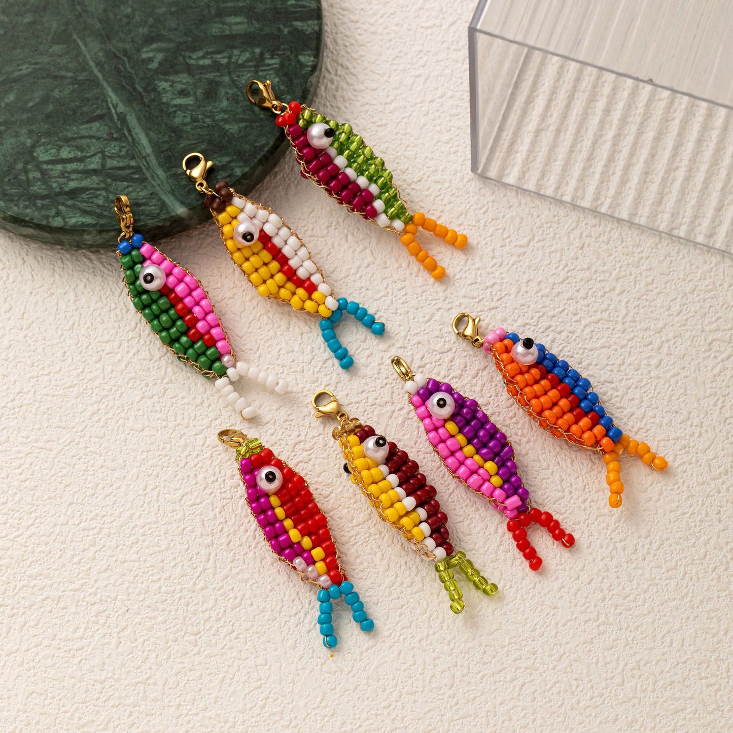 Minimalist Elegant 14K Gold Plated Brass Fish Charm Bar with Colorful Beads