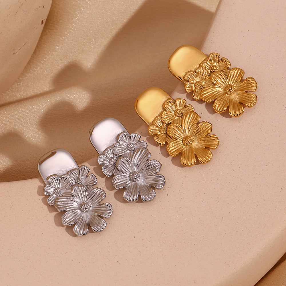 Vintage Floral Style Geometric Stainless Steel Earrings with 18K Gold Plating for Women
