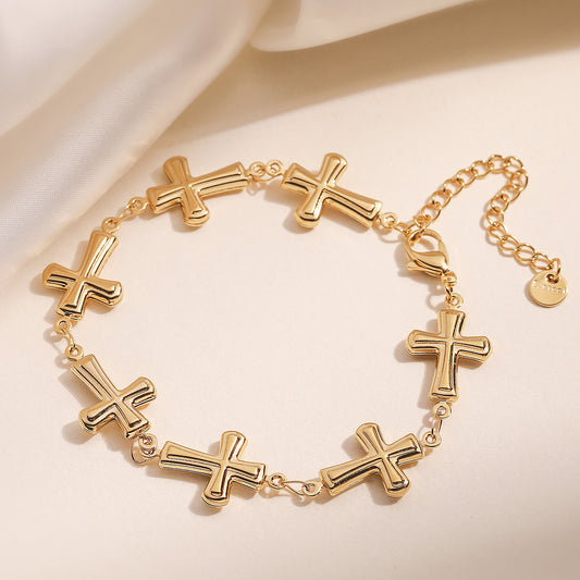 Pulsera Vintage de Acero Inoxidable con Colgante de Cruz para Mujer con Baño de Oro de 18K, Joyería de Mano Moderna y Versátil