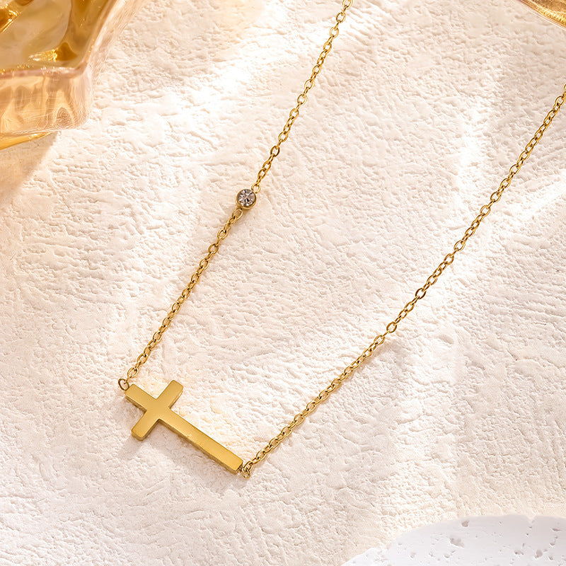 Casual 18K Gold Plated Stainless Steel Cross Necklace with Cubic Zirconia for Women