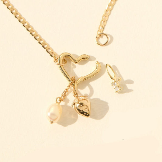 Vintage Stainless Steel PVD Gold Plated Heart Round Geometric Charm Bar Necklace