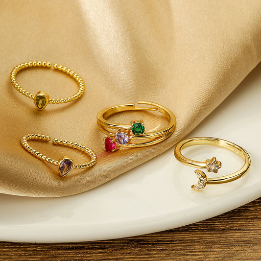 Minimalist Geometric Copper Ring with 18K Gold Plating and Zircon Inlay Adjustable Open Band for Women