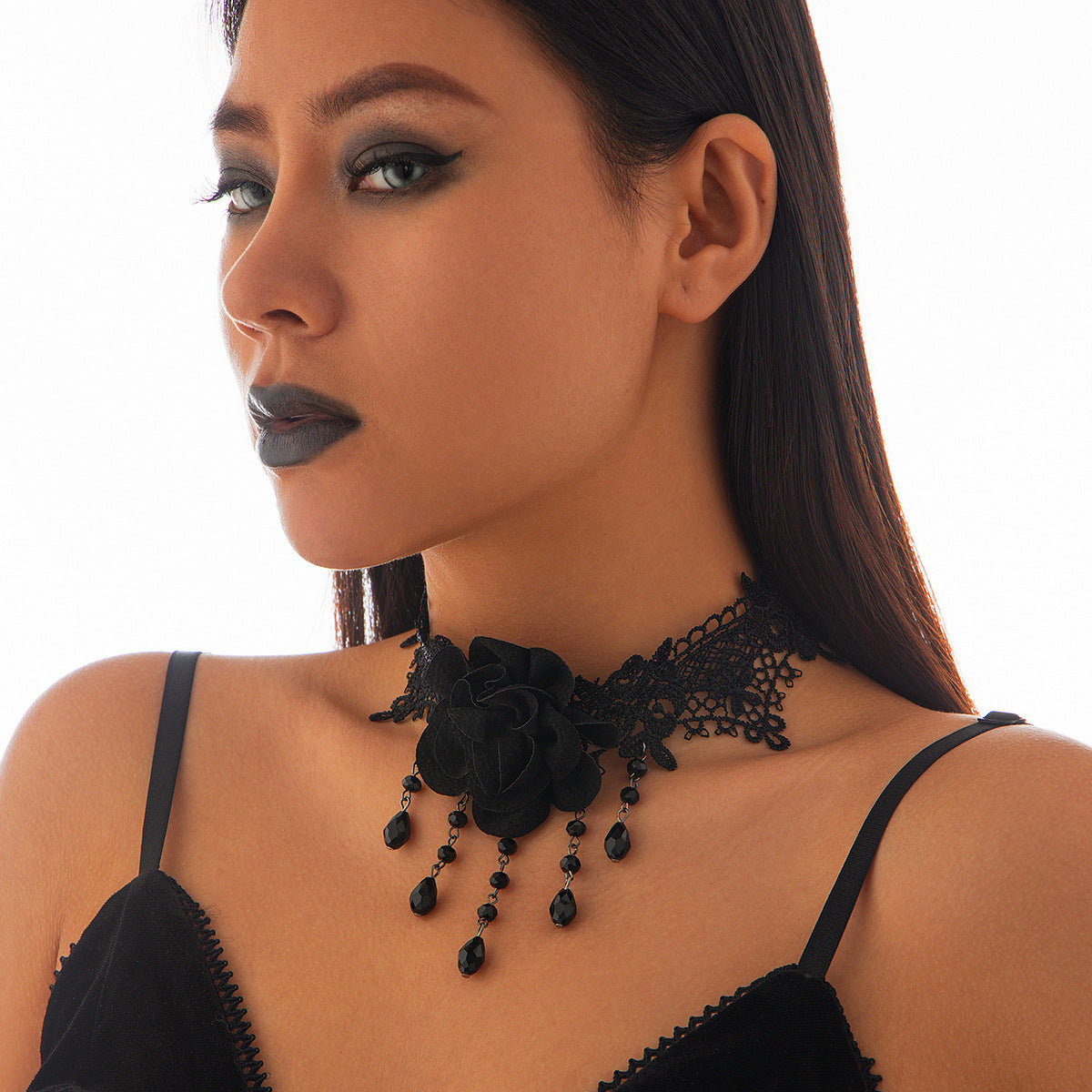 Gothic Geometric Black Lace Tassel Pendant Choker Necklace with Rhinestone Inlay for Women