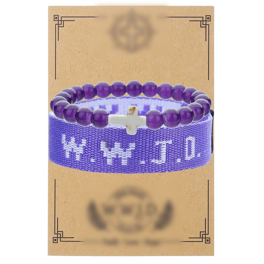 WWJD Letter Cross Turquoise Pearl Crystal Resin Beaded Bracelet Set