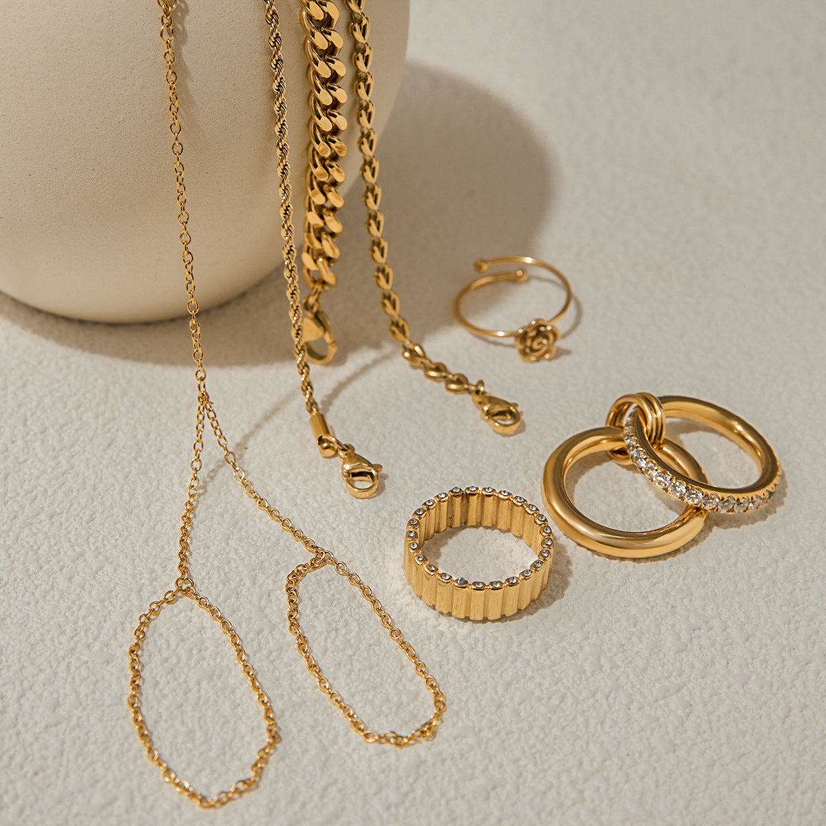 Elegant Minimalist 18K Gold Plated Titanium Steel Geometric Line Bracelet and Ring Set with Cubic Zirconia for Women