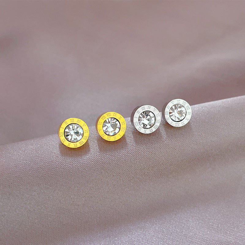 Minimalist Titanium Steel Geometric Stud Earrings with Rhinestone Inlay for Women Formal Occasion