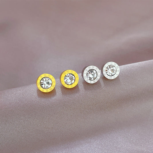 Minimalist Titanium Steel Geometric Stud Earrings with Rhinestone Inlay for Women Formal Occasion
