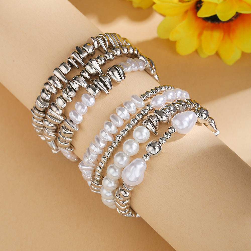 Irregular Geometric Baroque Imitation Pearl and Crystal Beaded Bracelet for Women