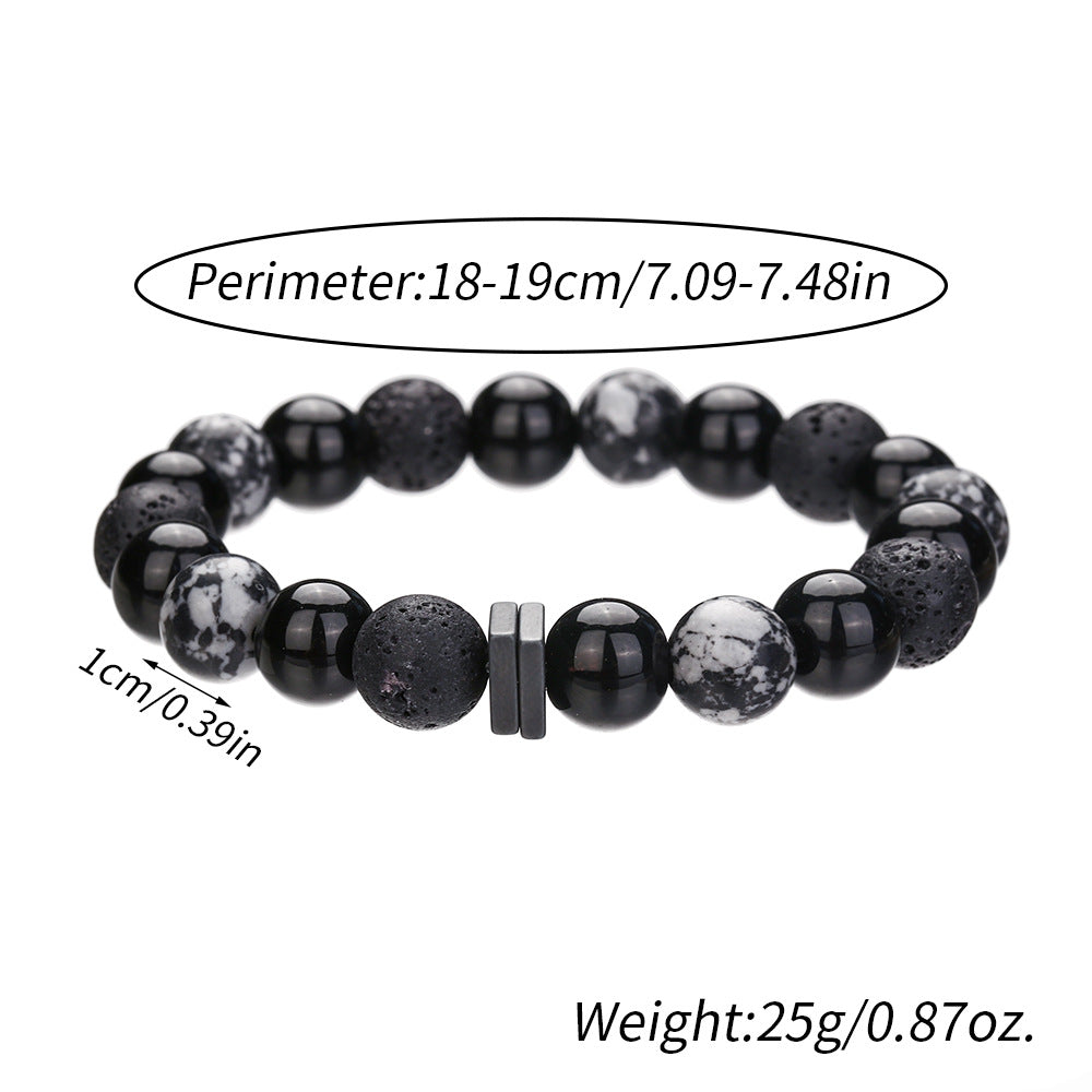 Ethnic Handmade Geometric Round Stone Bracelet with Snowflake Volcanic Stone and Hematite for Unisex