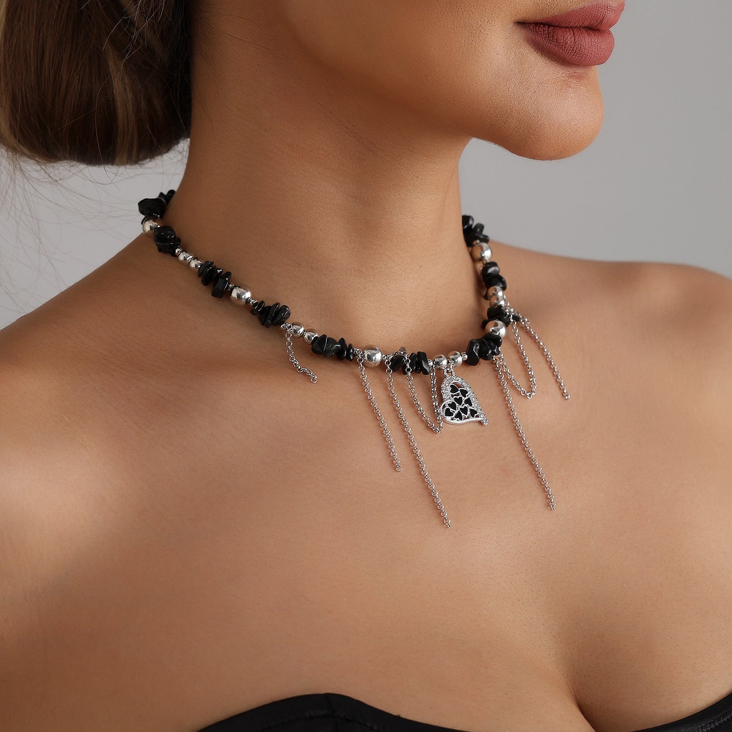 Vintage Streetwear Heart Geometric Alloy Plated Necklace with Tassel for Women