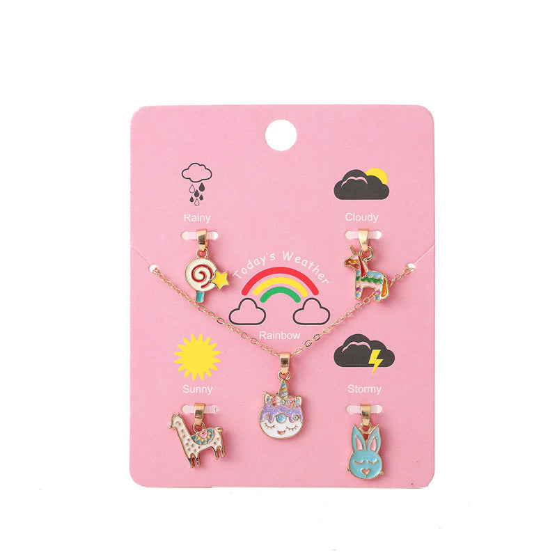 Bonito collar con colgante de unicornio de dibujos animados para niños, de aleación, ajustable, con acabado de esmalte y cadena de cruz
