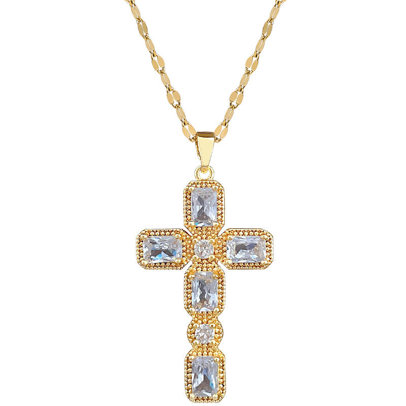 Sweet Minimalist Rhinestone Cross Titanium Steel Necklace Curb Chain Unisex