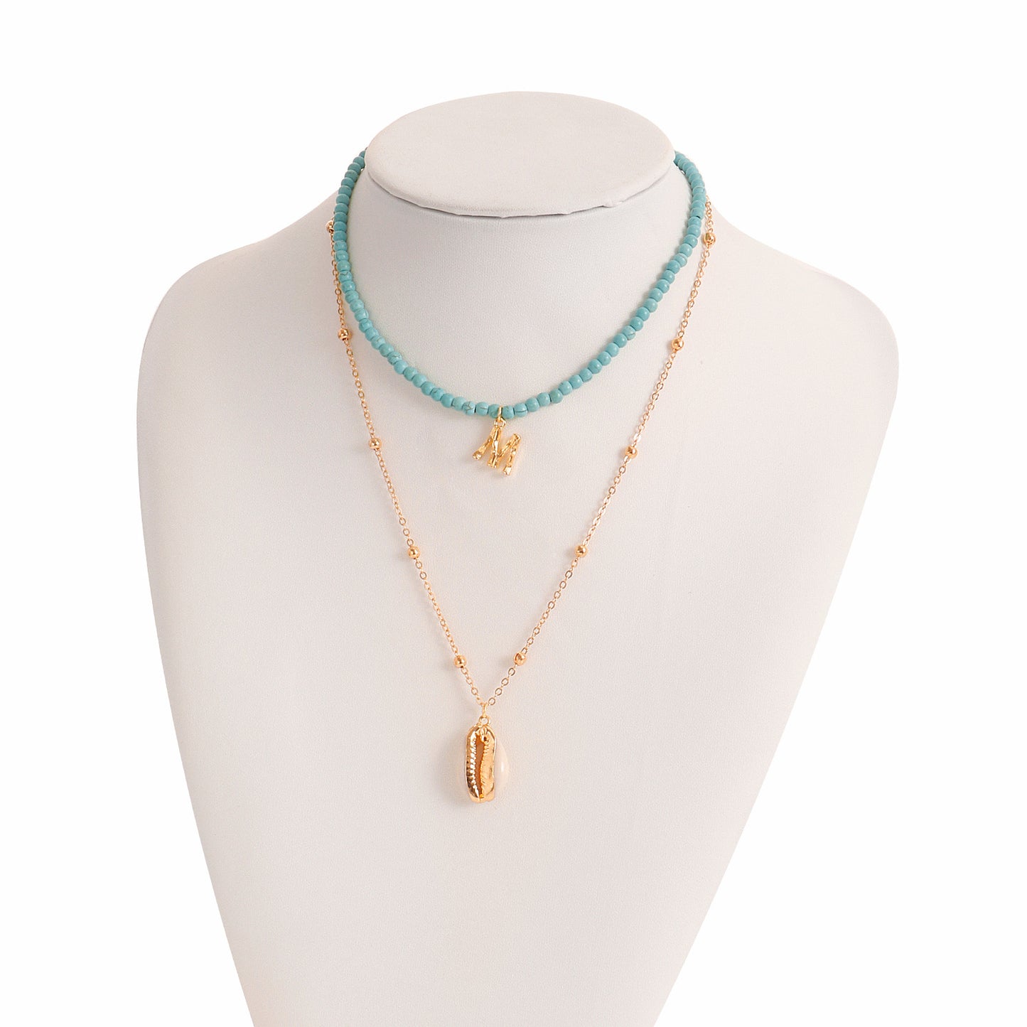 Minimalist Double-Layer Turquoise Necklace with Shell Pendant and Letter M Charm for Women Alloy Chain with Plating Finish
