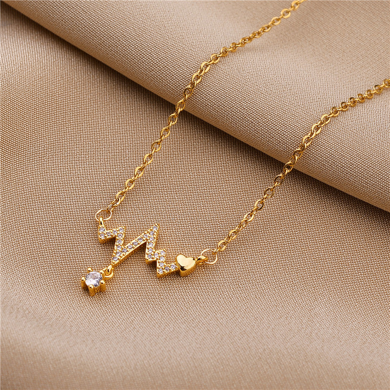 Collana a ciondolo ECG a battito cardiaco in acciaio al titanio con finitura galvanica, design geometrico, stile fresco e dolce per le donne