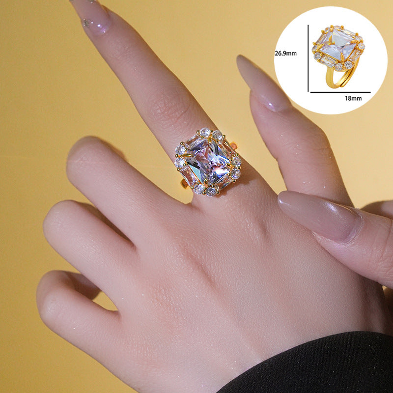 Luxury Minimalist Adjustable Open Ring for Women with Gold-Plated Copper Band and Zircon Stone Accent in Heart and Floral Shape