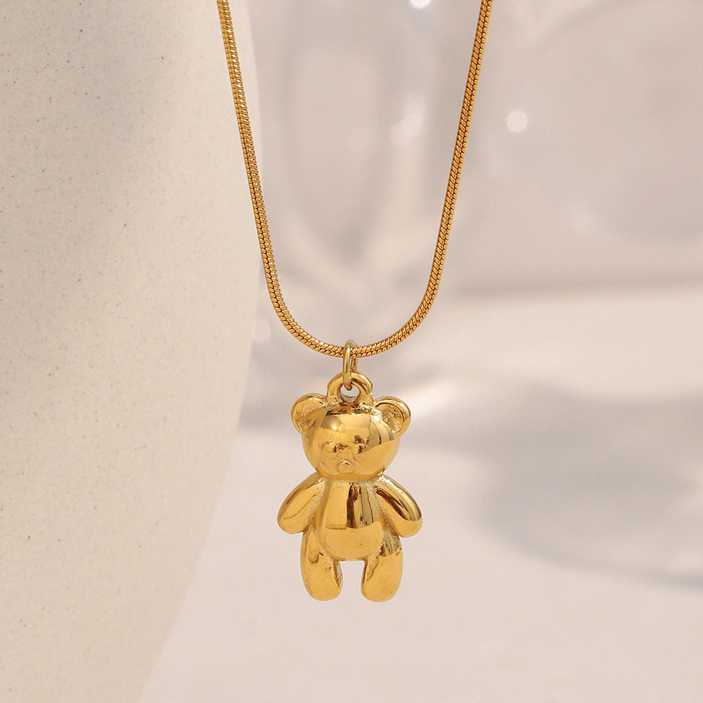 Fashionable Bear Pendant Necklace for Women Stainless Steel with 18K Gold Plating on Delicate Snake Chain
