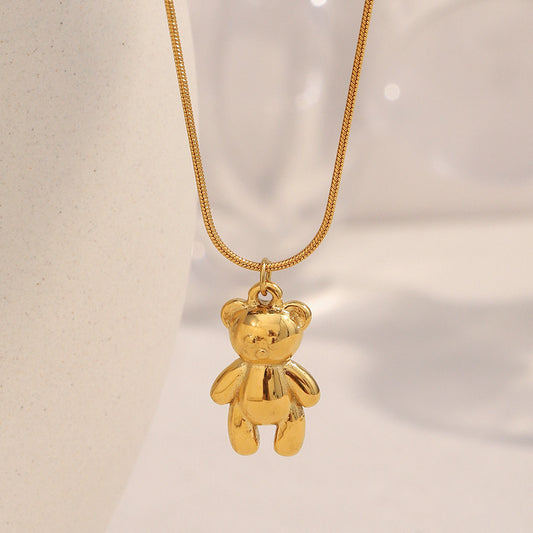 Collana con Ciondolo Orsetto Alla Moda da Donna in Acciaio Inox con Placcatura in Oro 18K su Delicata Catena Snake