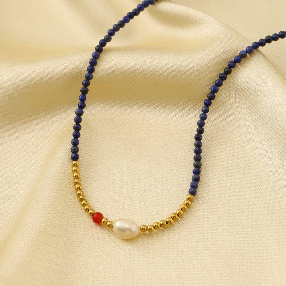 Minimalist Fashionable Natural Lapis Lazuli and Freshwater Pearl Beaded Necklace for Women with Geometric Round Bead Chain