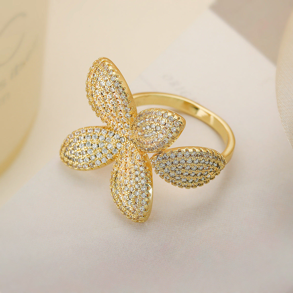 Geometric Open Ring for Women in Copper with 18K Gold Plating and Zircon Inlay, Fashionable Minimalist Statement Band