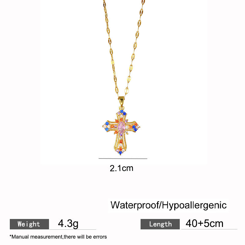 Minimalist Colorful Rhinestone Cross Titanium Steel Necklace for Unisex
