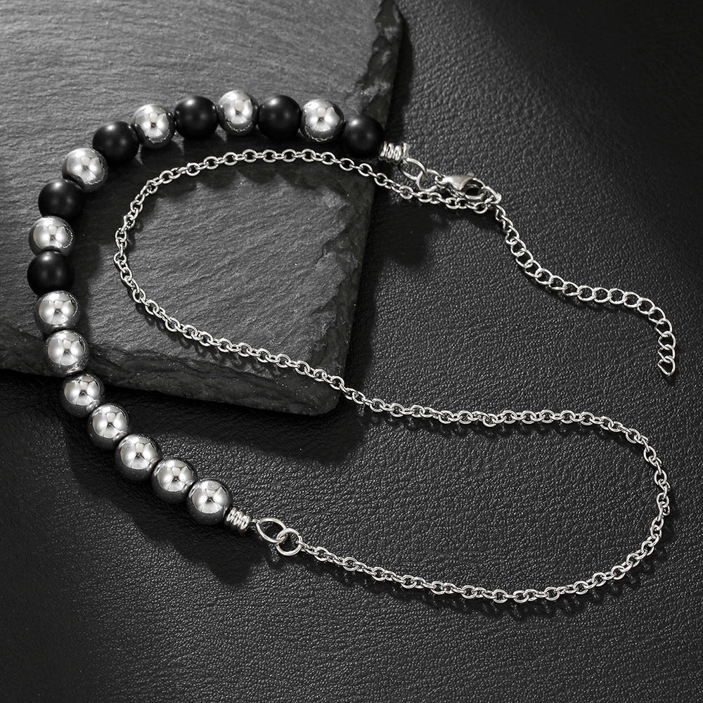 Minimalist Geometric Stainless Steel PVD Beaded Necklace with Black Agate and Crystal for Unisex