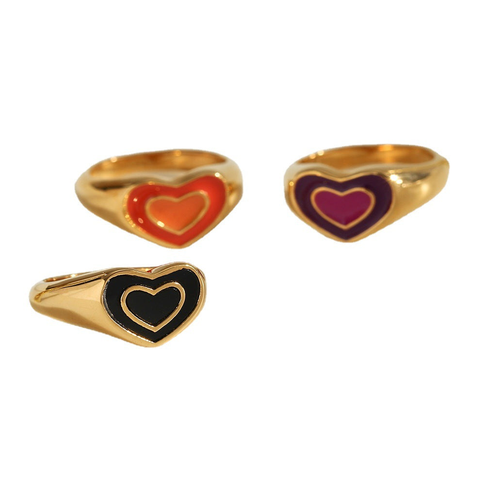 Anillo de acero inoxidable con forma de corazón a la moda con revestimiento de esmalte para mujer