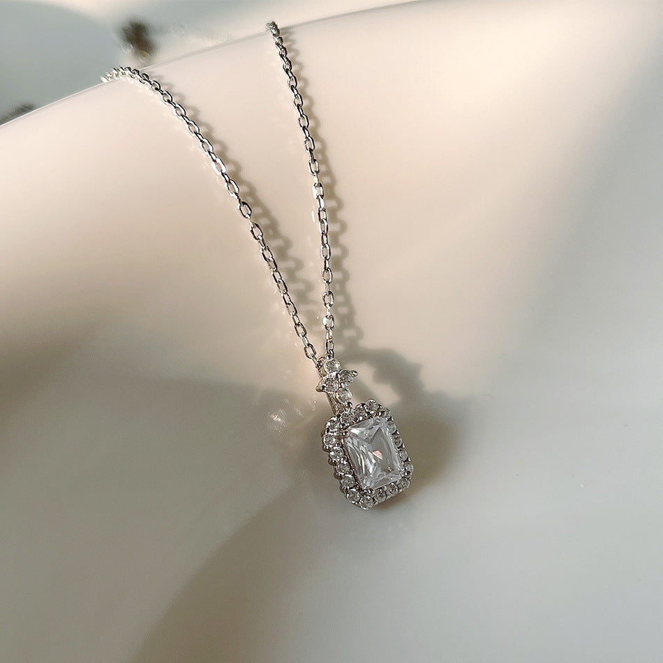 Minimalist Geometric S925 Sterling Silver Necklace with Zircon Inlay and Silver Beads