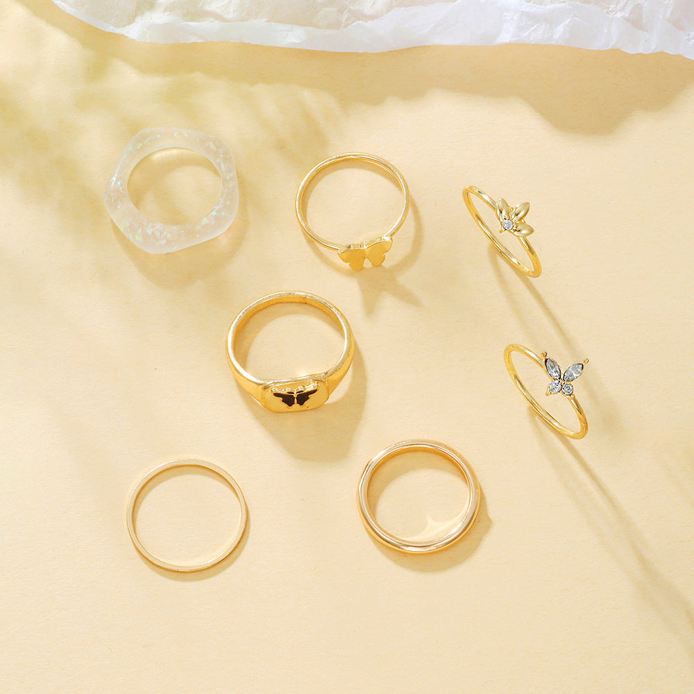 Sweet Streetwear Geometric Butterfly Drip Oil Crystal Inlay Alloy Acrylic Ring Set for Women