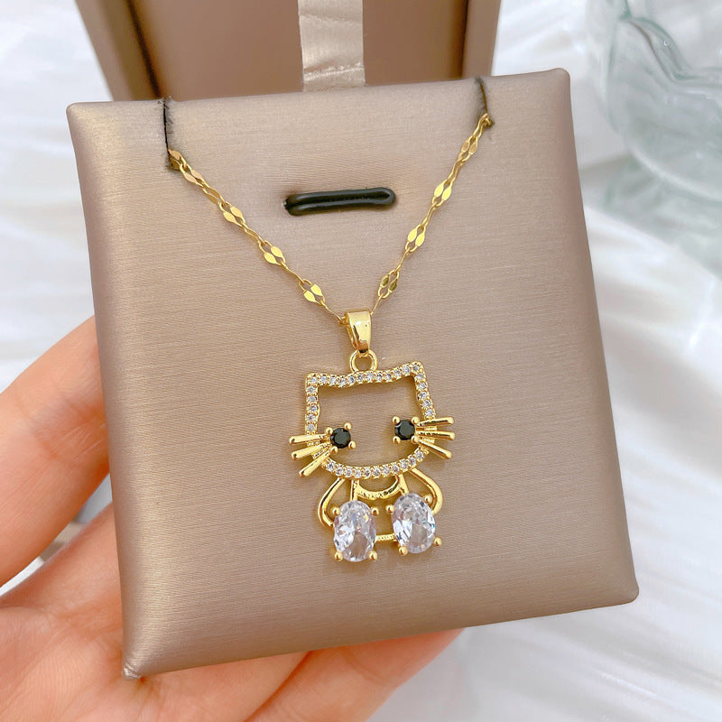 Elegant Titanium Steel Hollow Cat Pendant Necklace for Women with Rhinestone Inlay, Geometric Design, Delicate Clavicle Chain
