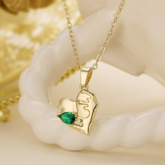 Minimalist Heart-Shaped Copper Pendant Necklace with Gold Plating and Green Zircon Inlay for Women