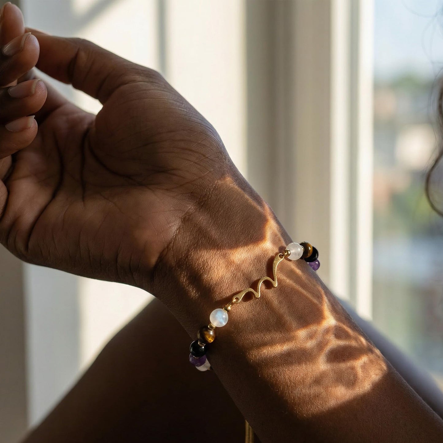 Minimalist Natural Stone Obsidian Tiger Eye Rose Quartz Beaded Bracelet with Wave Charm Bar Adjustable Unisex Jewelry