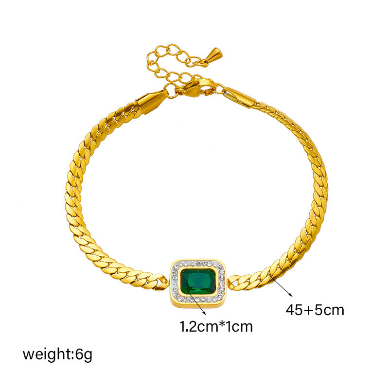 Fashionable Minimalist Emerald Green Square Zircon Pendant Necklace Set with Titanium Steel Snake Chain for Women