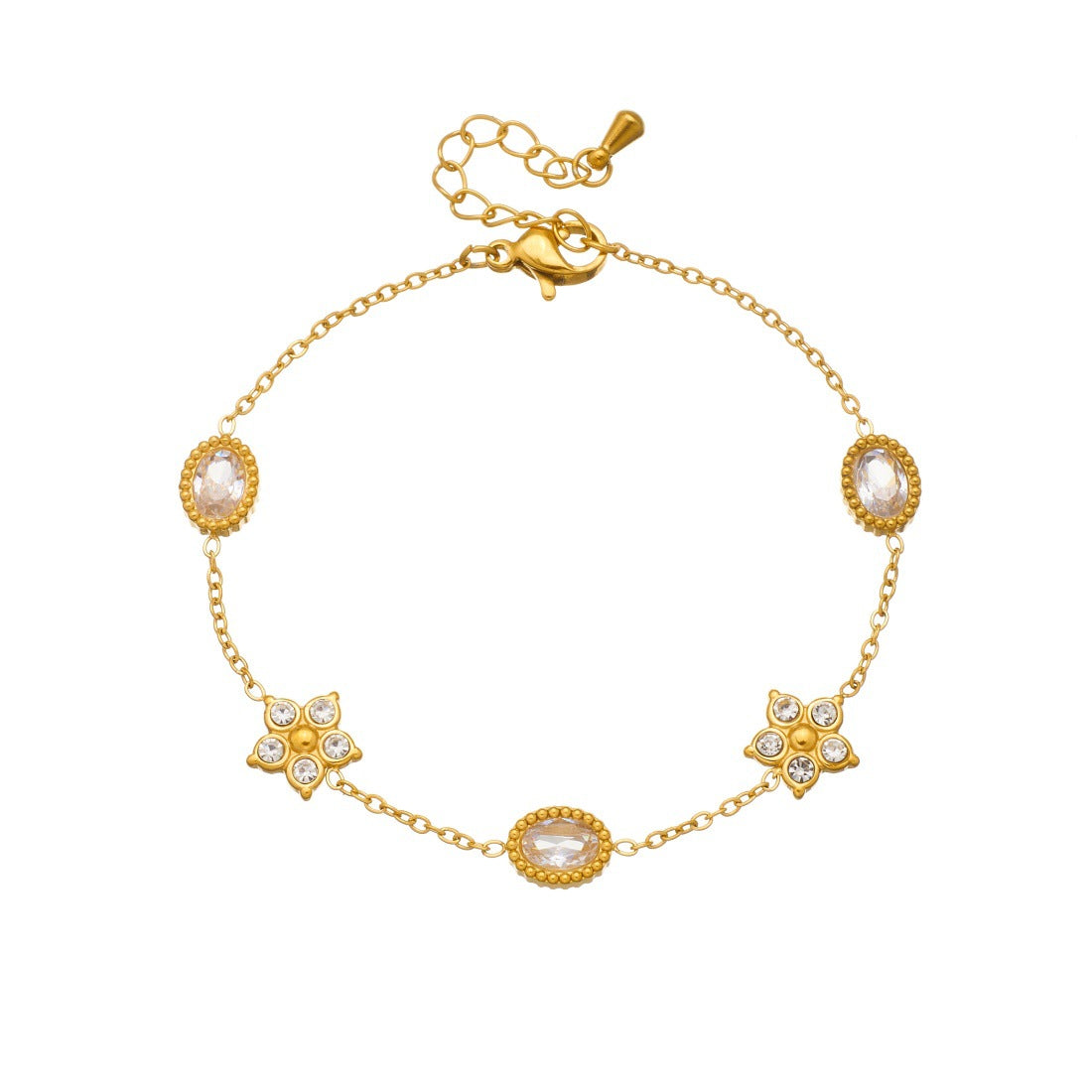 Minimalist Sweet Gold Plated Stainless Steel Rhinestone Floral Star Oval Bracelet