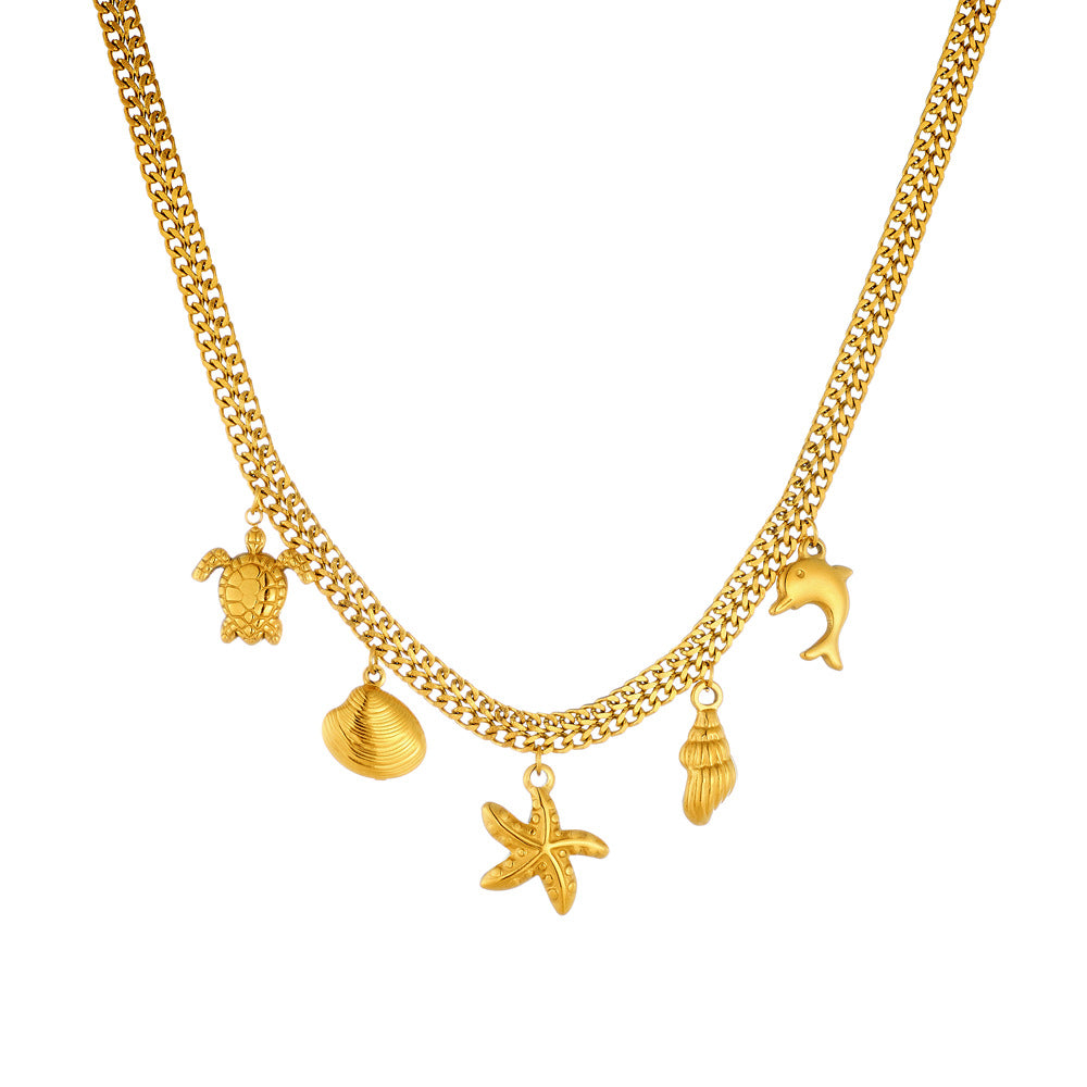 Collar con Colgante de Estrella de Mar y Tortuga con Temática Marina de Moda en Acero Inoxidable con Baño de Oro en Cadena de Serpiente para Mujer