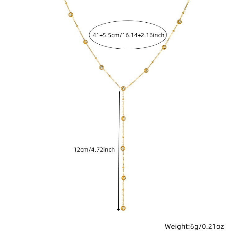 Minimalist Round Rhinestone Inlay Stainless Steel Y-Shape Tassel Necklace for Women