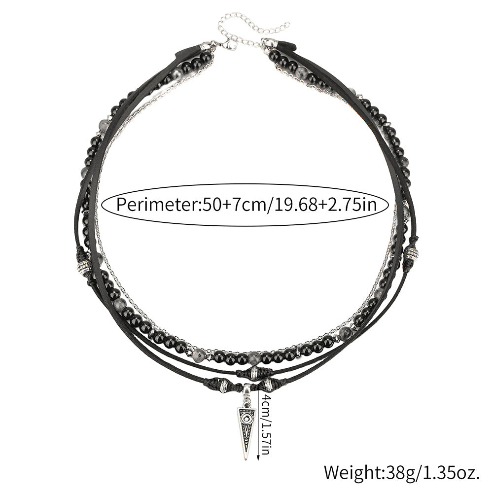 Vintage Ethnic Men's Multi-Layer Leather Necklace with Triangle Geometric Alloy Pendant and Black Agate Beads