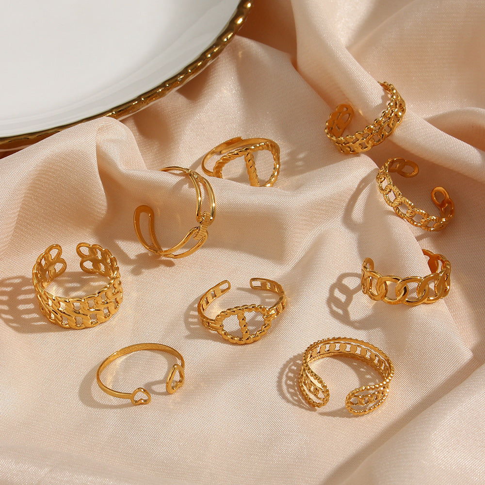 Vintage-Inspired Geometric Stainless Steel Ring with Gold Plating for Women