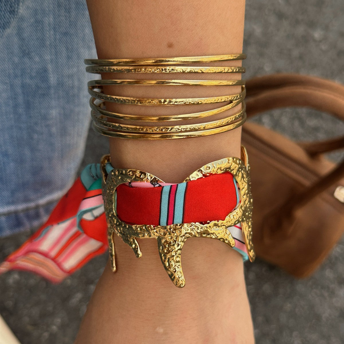 Hip-hop Hammered Starfish Stainless Steel Bracelet Ring Set