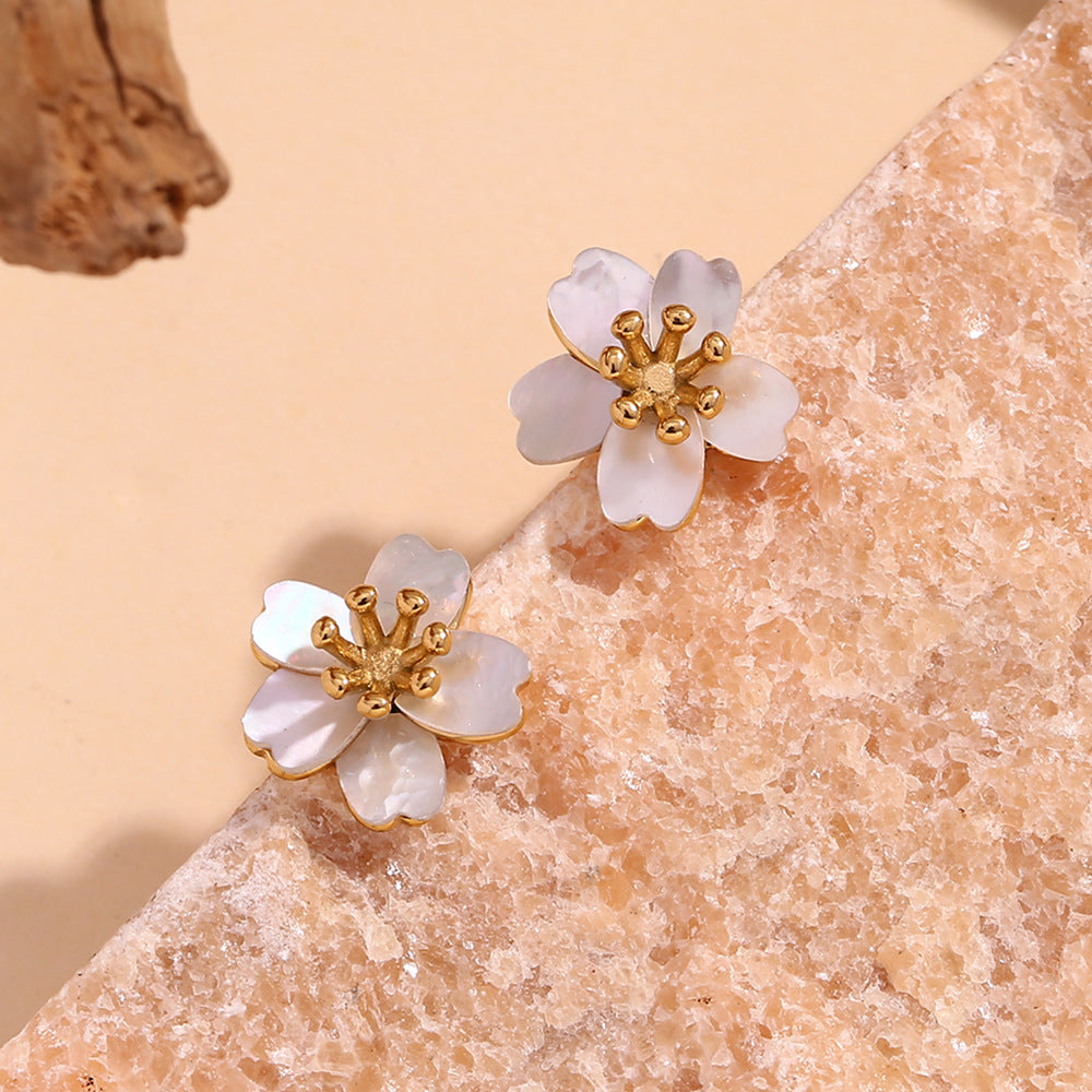 Vintage-Inspired Floral Cherry Blossom Ear Studs for Women Made of Stainless Steel with 18K Gold Plating and Natural Mother-of-Pearl Inlay