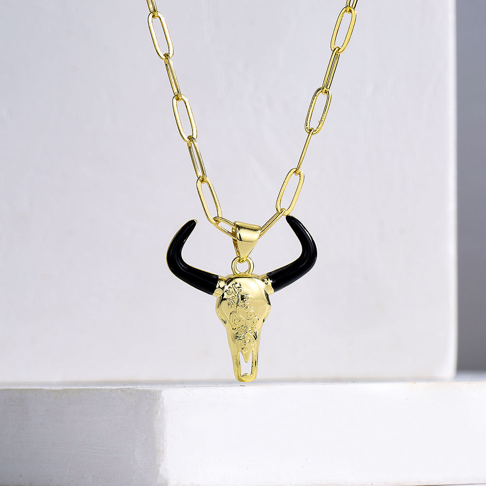 Minimalist Bull Pendant Necklace for Women in Copper with 18K Gold Plating and Enamel Finish