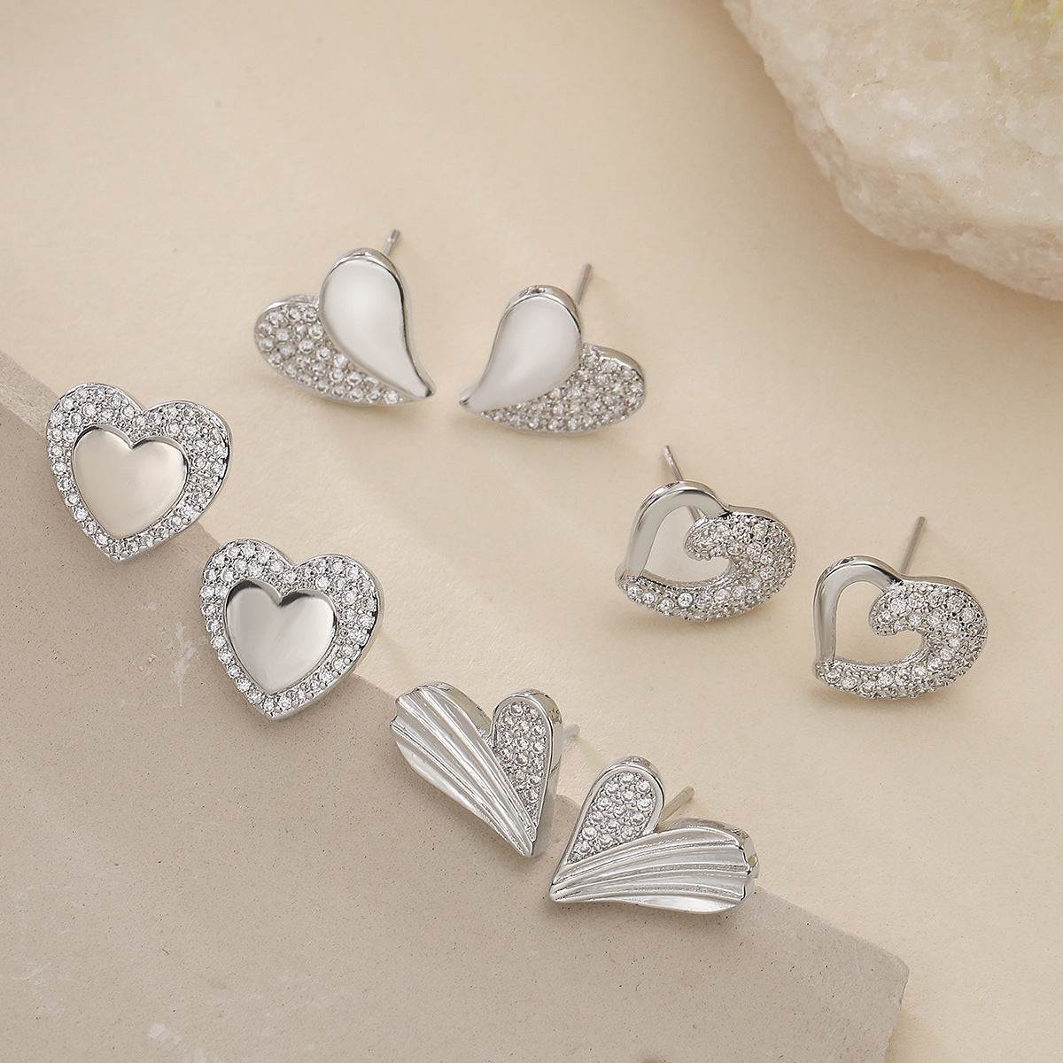 Minimalist Heart-Shaped Zircon Stud Earrings for Women in Copper with Micro-Pave Setting