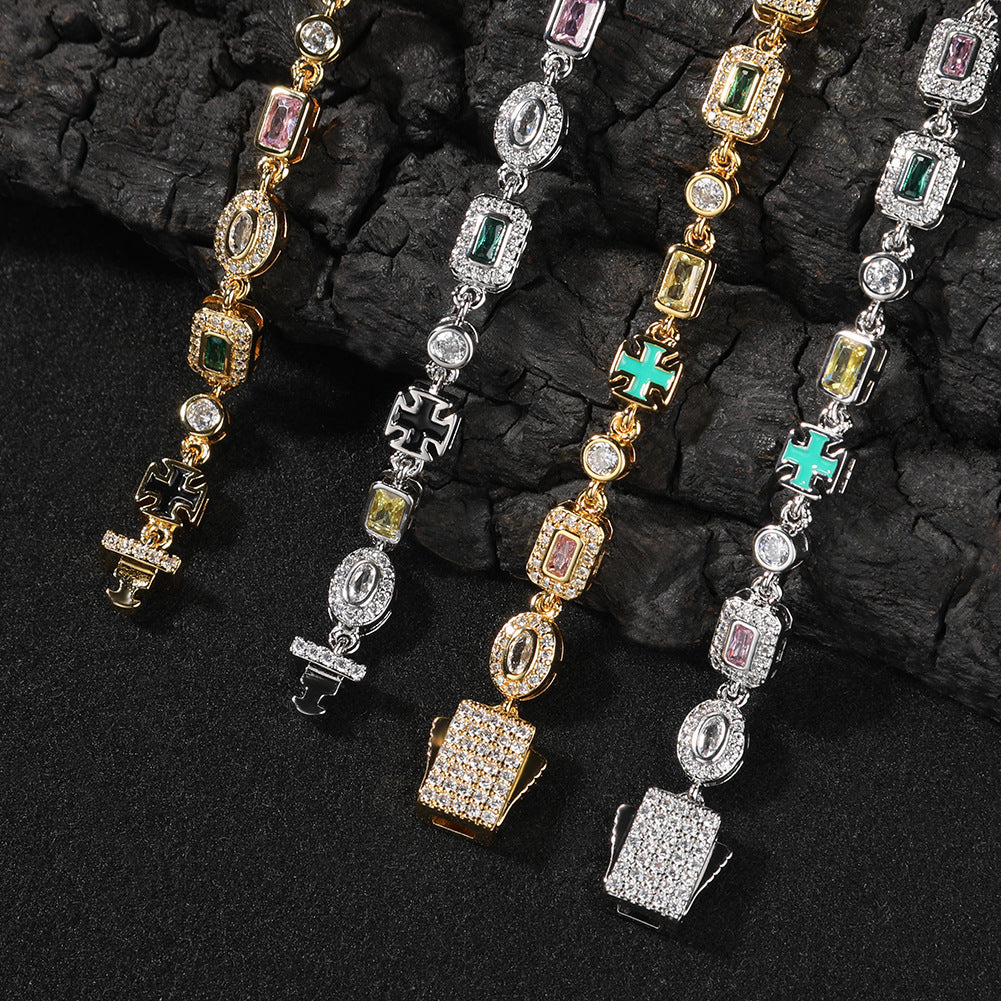 Hip-hop Geometric Round Square Brass Inlay Rhinestone Gemstone Necklace for Unisex